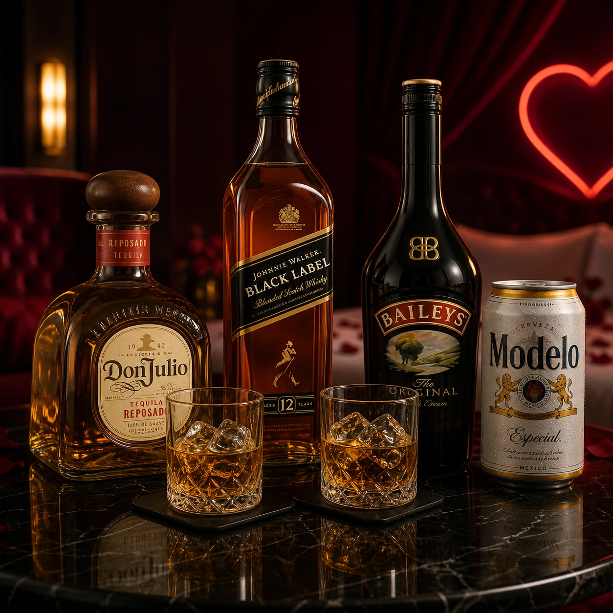 Tequila Don Julio, whisky Johnnie Walker, Baileys y cerveza Modelo disponibles en el bar