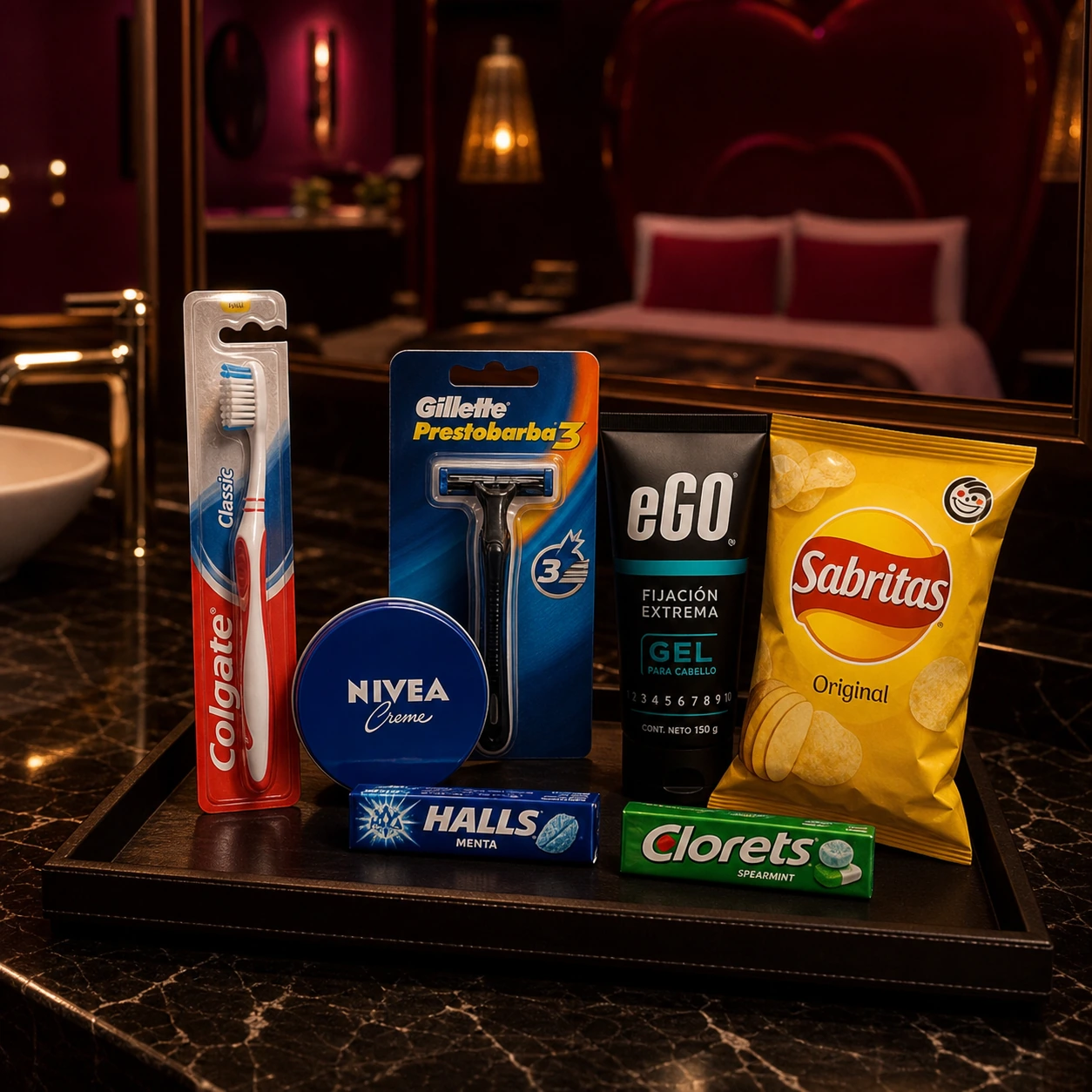 Articulos de perfumeria y antojos de marcas disponibles en la habitacion